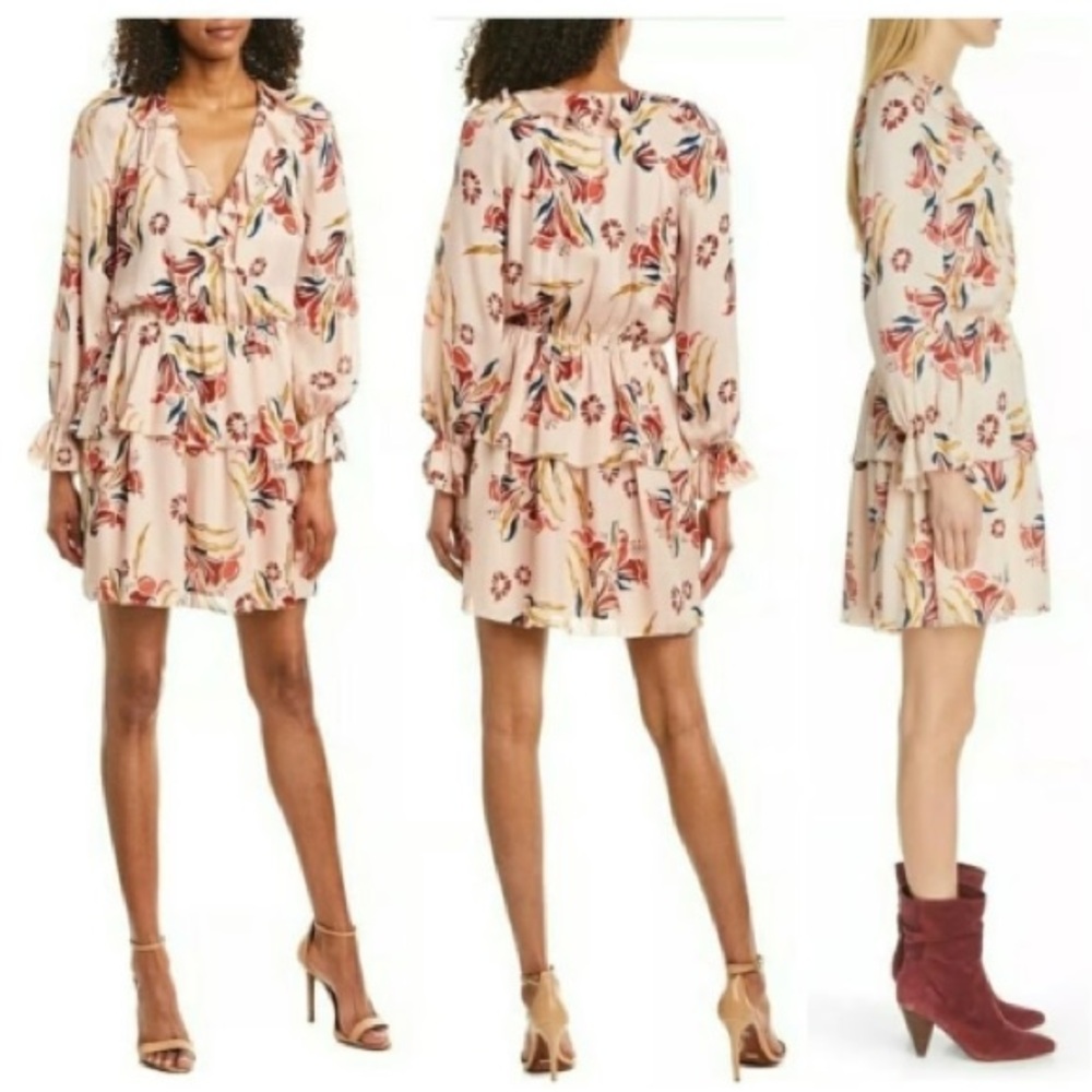 Joie - Silk Floral Long Sleeve Ruffle Dress in Pink and Multicolor - NEW